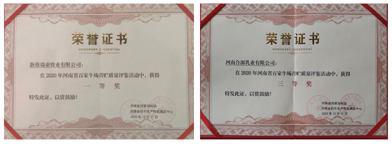 榮譽(yù) | “百家牛場青貯質(zhì)量評(píng)鑒活動(dòng)”花花牛新蔡瑞亞牧業(yè)、河南合源乳業(yè)分別榮獲一、三等獎(jiǎng)